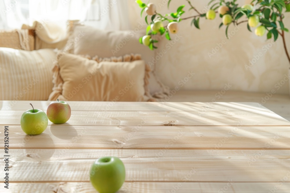 Aufkleber cozy indoor setting with empty soft beige wooden table for product display, featuring green apples a