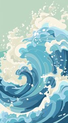 Powerful waves roll in, creating frothy splashes against the tranquil coastline under clear blue skies