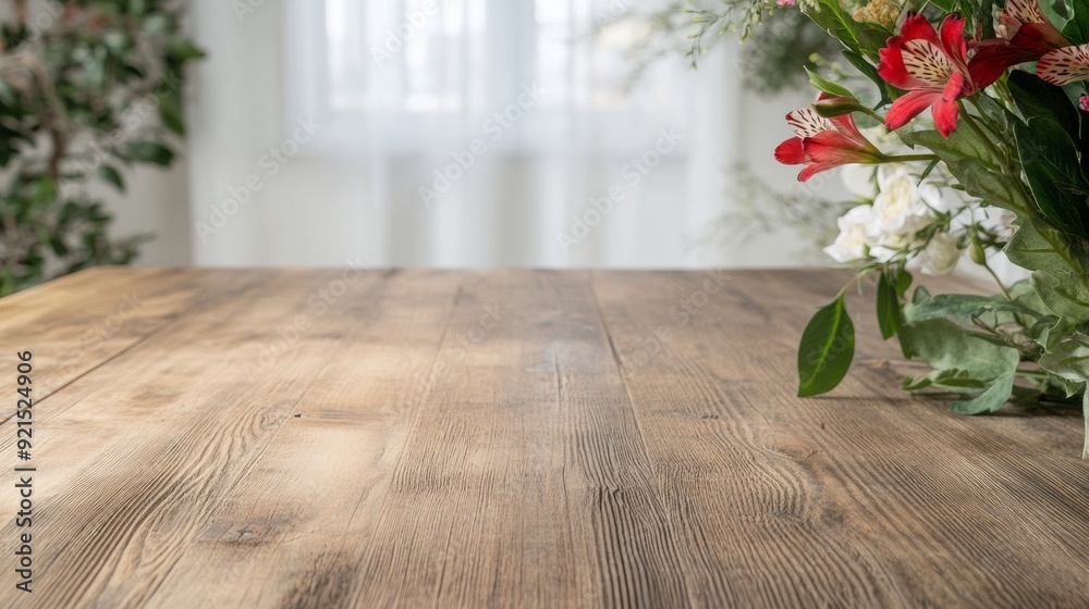 Aufkleber Rustic Wooden Table with Floral Decorations in a Cozy, Inviting Room for Product Display – Bright Day with Warm Ambient Light, Overhead View
