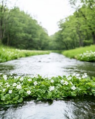Fototapeta premium Calm Morning in Forest A Tranquil Stream Among Blooming Flowers and Lush Greenery