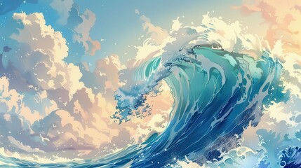 A large wave curls towards the viewer under a sky filled with puffy clouds at sunset