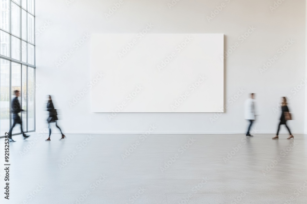Poster Indoor Mockup of Empty Light Gray Wall with Smooth Texture Featuring Motion Blur People Passing in Calm Natural Daylight