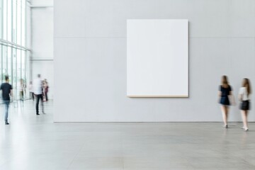 Light Gray Wall Indoor Mockup with Empty Poster, Motion Blur of Passing People, Daylight, Calm and Serene Atmosphere
