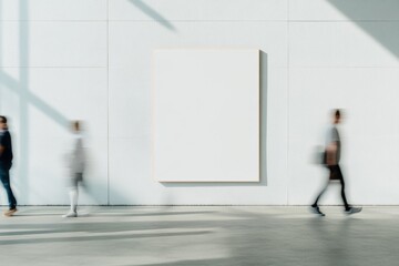 Indoor Light Gray Wall Mockup with Empty Poster, People Walking by in Motion Blur, Daytime, Soft Natural Lighting, Calm and Serene Atmosphere