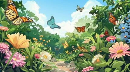 Fototapeta premium An illustrated scene of a butterfly and bee sharing a flower, highlighting pollination and nature's harmony