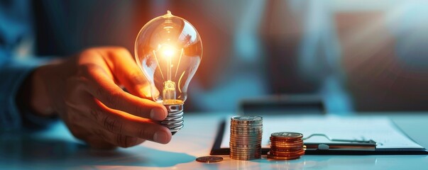 Hand holding glowing lightbulb above stack of coins