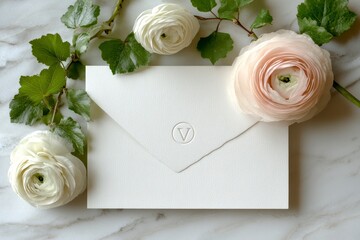 Minimalist Wedding Invitation Card on White Marble with Greenery.