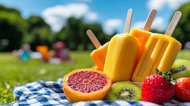 A serene picnic scene with fruit-flavored ice cream bars set on a checkered blanket in a sunny park.