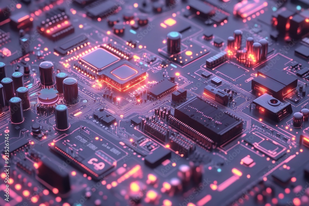 Poster Intensely lit circuit board with glowing red pathways representing high performance computing