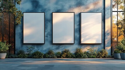 Three Blank Rectangular Frames on a Blue Wall with a Patio and Greenery