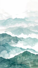 Watercolor clouds and mist surrounding fairyland mountains illustration poster background