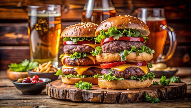 Juicy beef burgers stacked high on a rustic wooden bar surrounded by condiments, garnishes, and craft beers in a cozy, upscale pub atmosphere.