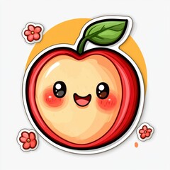 Obraz premium Cute Cartoon Apple with Smiling Face and Flowers
