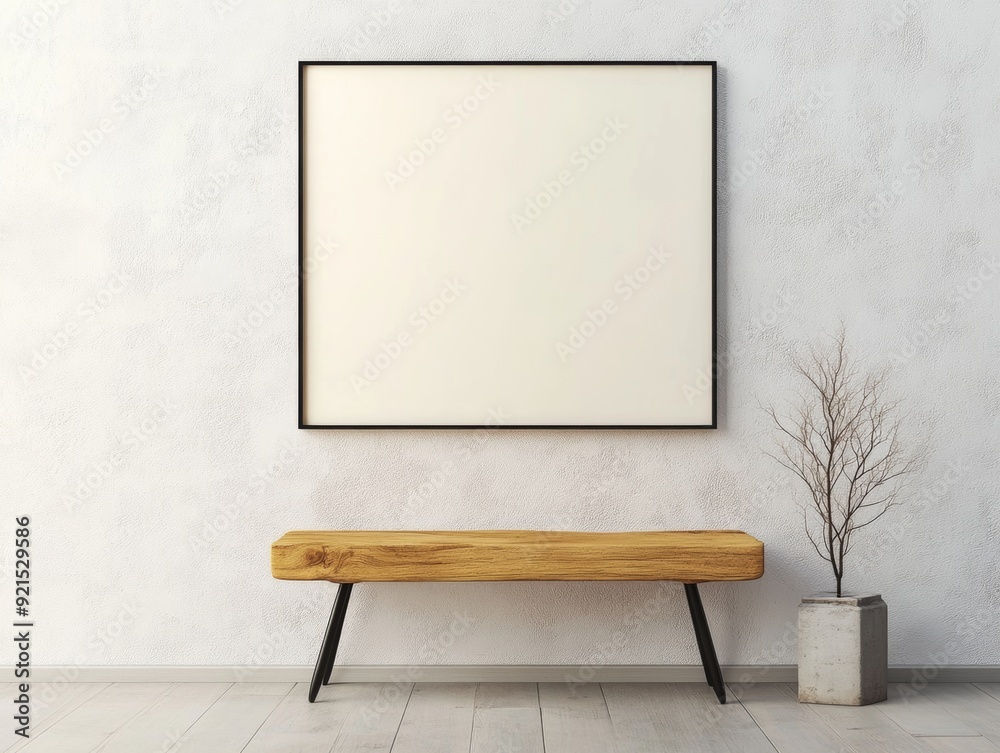 Poster minimalist indoor wall with empty frame and light wooden bench in soft cream tones