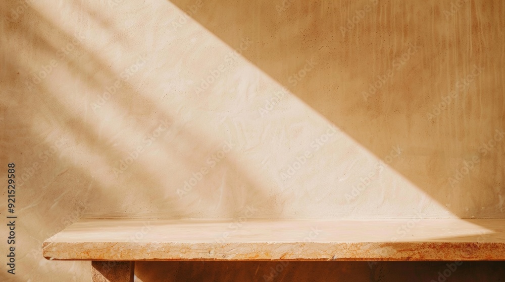 Poster Warm Morning Light on Bright Beige Table Surface Creating Serenity and Calmness in a Minimalist Setting