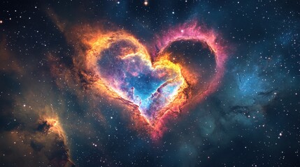 Obraz premium A colorful heart is surrounded by a cloud of gas and dust in space. The heart is surrounded by a blue and orange cloud, with the blue cloud being the larger of the two