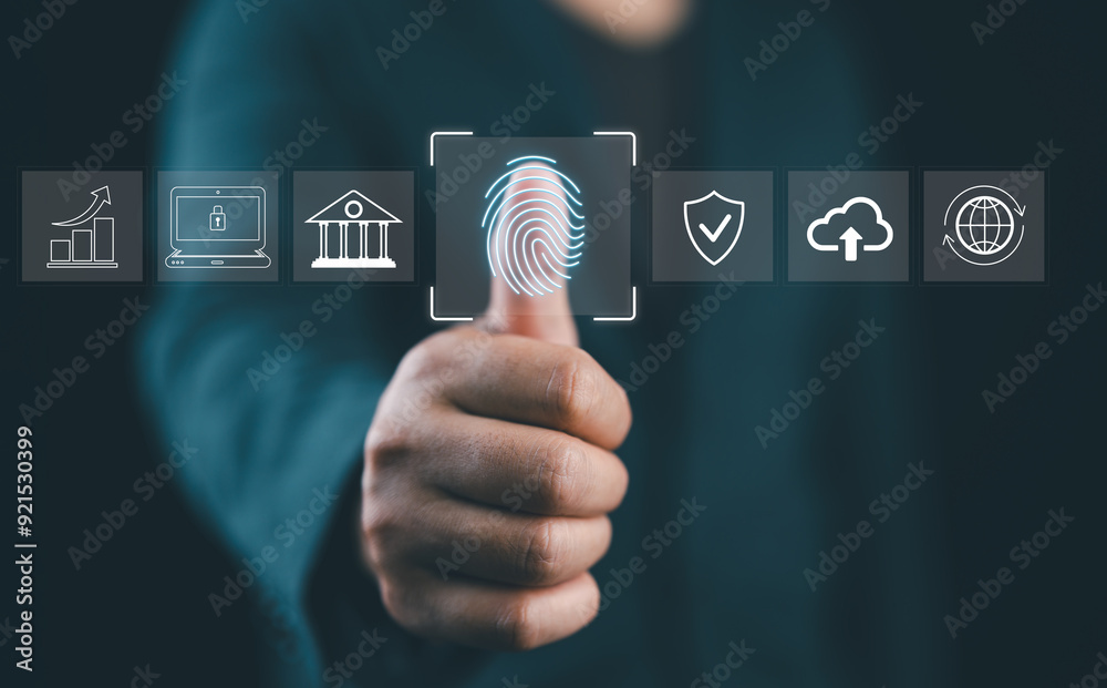 Poster Futuristic biometric authentication technology concept. Man is touching a fingerprint scan with icons of secured access, data protection, network cybersecurity in digital interface. Internet banking