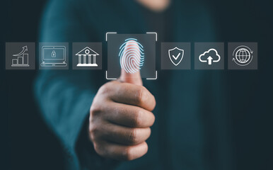 Futuristic biometric authentication technology concept. Man is touching a fingerprint scan with icons of secured access, data protection, network cybersecurity in digital interface. Internet banking
