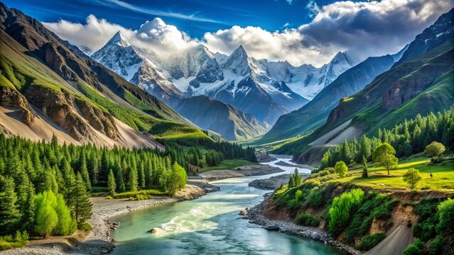 Majestic snow-capped mountains touch the sky in Pakistan's surreal landscape, with lush green valleys and meandering rivers weaving through the rugged terrain.