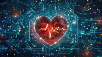 Heart with an ECG trace inside a futuristic digital interface representing technology in healthcare and cardiology advancements.