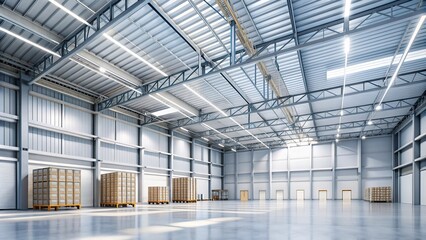 Obraz premium Minimalist modern interior of a large empty white warehouse with 3D modeling and rendering of industrial space for storage and logistics operations.
