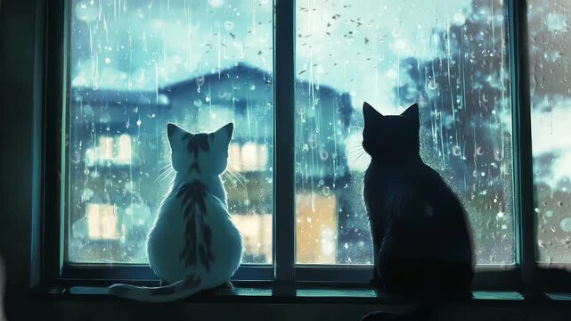 anime style It's a rainy night and a couple cat is looking out the window city view and listening to the rain	