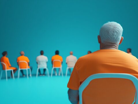 Diverse Group Therapy Session Senior White Man, Adult Asian Woman, and Black Teenage Boy Sharing Experiences in Supportive Community Setting