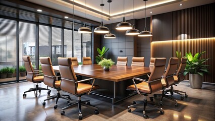 Modern conference table surrounded by stylish office chairs and sleek decorative lamps, illuminating a collaborative workspace with a professional atmosphere.