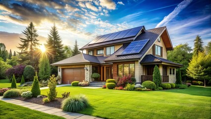 Modern eco-friendly suburban home with solar panels and a lush green lawn, surrounded by tall trees and a sunny blue sky, promoting sustainable living.