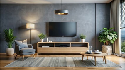 Modern flat-screen TV mounted on a sleek, gray-painted living room wall above a minimalist console table amidst a cozy, dimly lit interior setting.