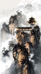 Ink minimalist mountain top temple architectural landscape illustration poster background