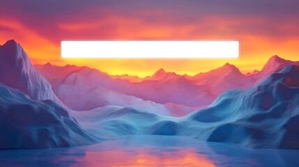 A bright horizontal white bar stretches across a surreal landscape with icy mountains and a vibrant sunset, representing digital space, search bars, or futuristic exploration.