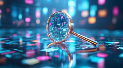 A magnifying glass hovers over a digital surface with colorful icons, symbolizing data analysis, cybersecurity, and the search for information in a digital world.