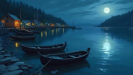 Obraz premium Moonlit Harbor: A Serene Night Scene of Coastal Village Life