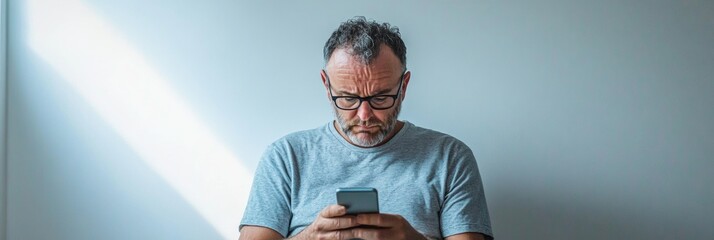 Middle-aged White Man in Dim Room Reading about Financial Crash and Coronavirus Impact on Phone, Looking Distressed