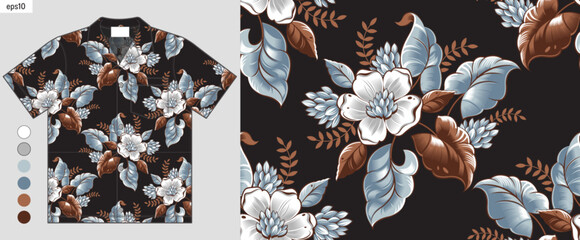 aloha summer fashion, tropical gradient flowers seamless pattern, artwork on hawaiian shirt fashion mockup, elegance hibiscus flora abstract, shirt mockup llustration © kirkchai