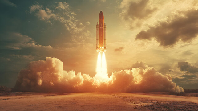 un cohete espacial despegando de la tierra para ir a l universo dejando una estela de llamas y nubes de humo en un terreno desierto