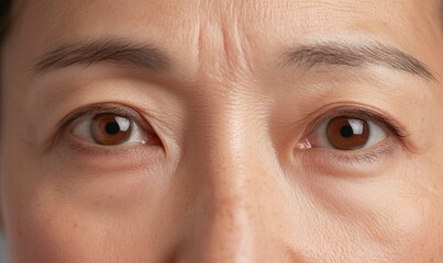 Genuine Expression of Middle-Aged Asian Woman Showing Anxiety-Induced Skin Blemishes Against Plain Background in Daylight