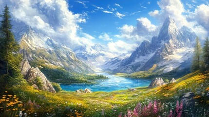 beautiful mountain landscape with lake and flowers and clouds