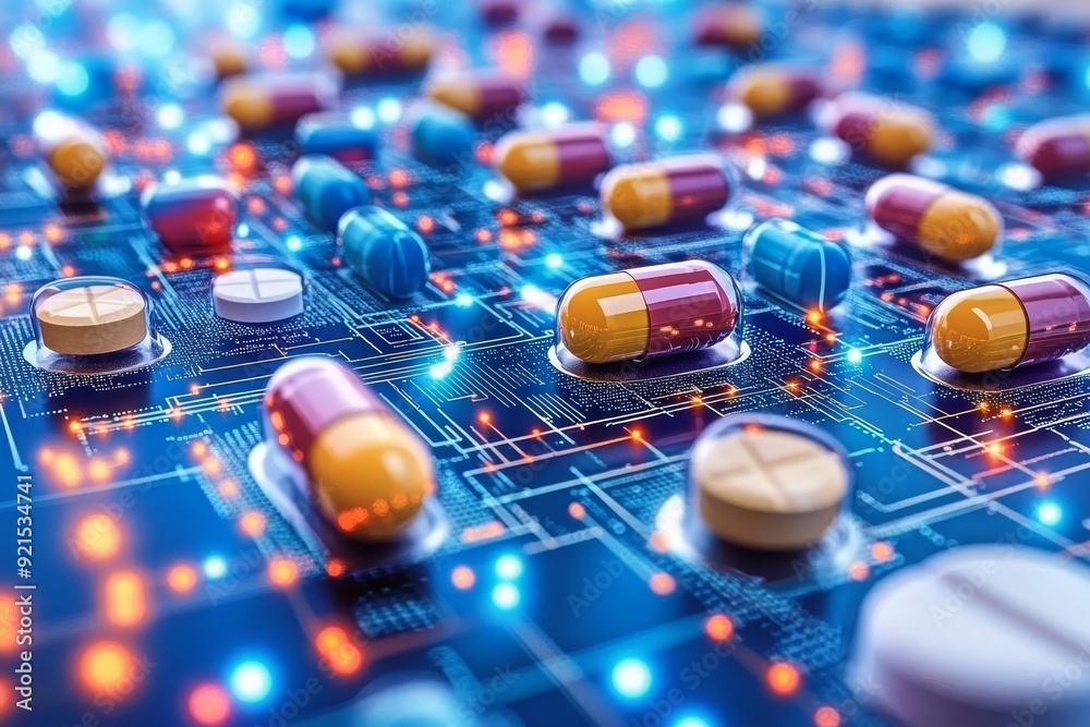 Poster Pills on a motherboard symbolizing the critical role of technology in developing new pharmaceutical solutions