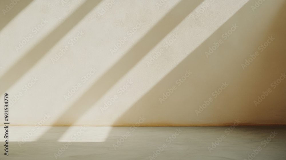 Poster soft cream empty indoor wall in gentle light beams with tranquil modern simplicity, wide and low-ang