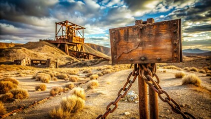 Fototapeta premium Rusted and worn mining sign stands alone in a barren landscape, its faded letters and old chains telling a story of industry and decay.