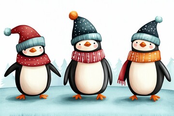 Fototapeta premium Three cheerful penguins wearing colorful hats and scarves, standing together in a snowy setting, perfect for winter themes.
