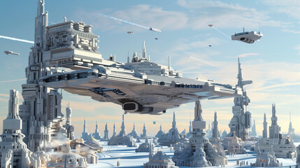 A large spaceship hovers over a futuristic city with flying vehicles, intricate architecture, and clear blue skies