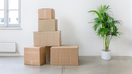 Young Adults with Varied Ethnicities Setting Up Functional Furniture in a Minimalistic Room Using Cardboard Boxes for Moving and Organization &ndash; Daytime, Cozy and Innovative
