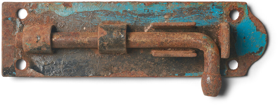 old rusty tower bolt hinge and lock isolated white background in close-up view, corroded door, window or gate locking hardware