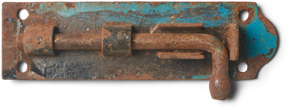 old rusty tower bolt hinge and lock isolated white background in close-up view, corroded door, window or gate locking hardware