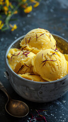 Close-up of rich, creamy saffron ice cream garnished with saffron strands, served in a rustic metal bowl with a vintage spoon