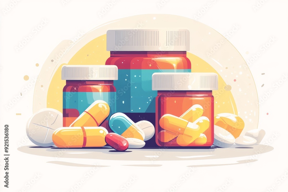 Sticker warm and inviting illustration of pills and capsules capturing the comforting approach to modern med