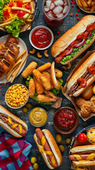 A vibrant flat lay of various American fast foods including hot dogs, fries, and snacks on a wooden...